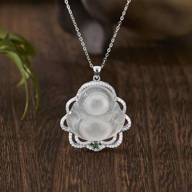 ネックレス レディース 高級感 S925シルバー 高氷玉髄 仏像ペンダント 新中華風 弥勒仏 上品 エレガント O字チェーン シンプル ファッション 通勤用(4)