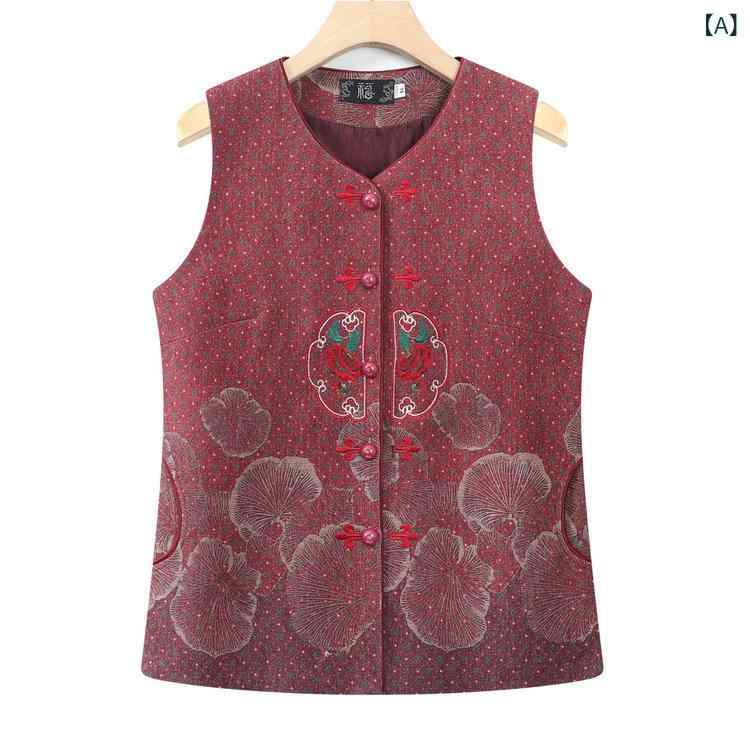 ベスト シニア レディース 春秋 花柄 刺繍 ポケット付き ジレ アウター きれいめ カジュアル 快適 通勤 ミセス 普段使い 女性用 上着 ポリエステル素材 レッド ブルー