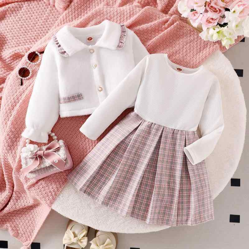 セットアップ ガールズ キッズ 秋冬 リブ編み 長袖 プリーツワンピース ボアジャケット 格子柄切り替え..