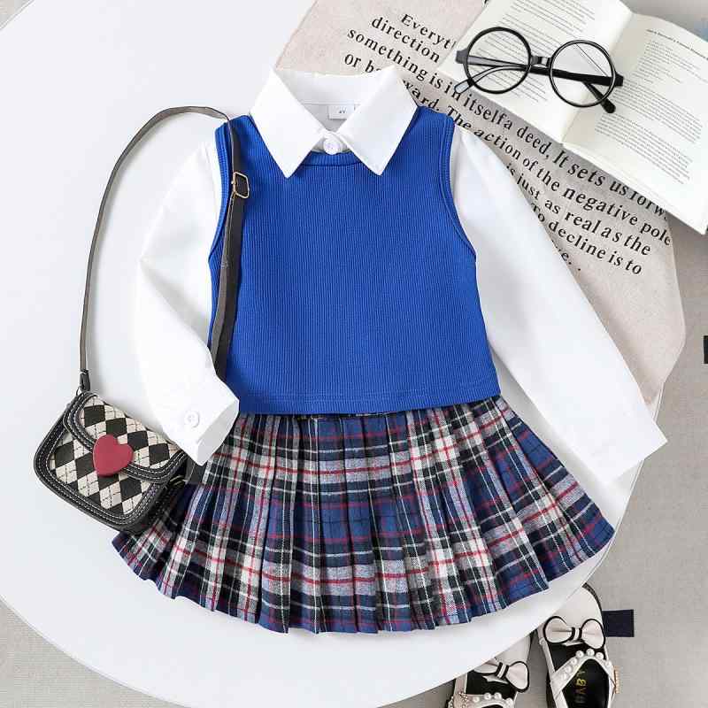 キッズ 女の子 欧米風 カジュアル トレンド 長袖シャツ ニットベスト チェック柄ミニスカート 3点セット 秋冬 コットン混紡 小学生 幼児 100cm 110cm 120cm 130cm 140cm 対応 ブラック