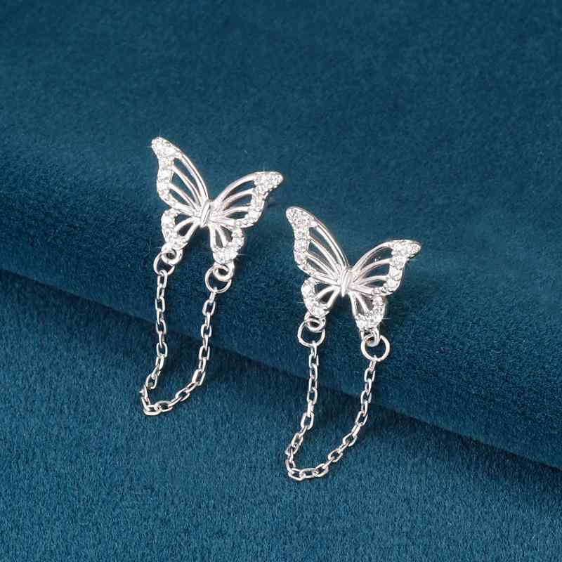 ピアス レディース 女性用 S925純銀 蝶 バタフライ ジルコニア 上品 高級感 シンプル 個性的 エレガント 揺れる 華やか チェーン ドロップ シルバー 通勤 オフィス きれいめ 普段使い