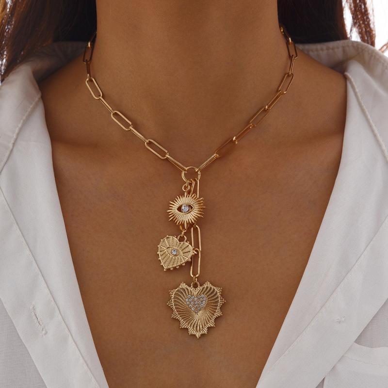 Heart - ネックレス レディース 女性用 ジルコニア装飾 太陽モチーフ ハート型 ペンダント クール スタイリッシュ シンプル 欧米風 鎖骨チェーン 合金製 電気メッキ加工 ゴールド シルバーカラー