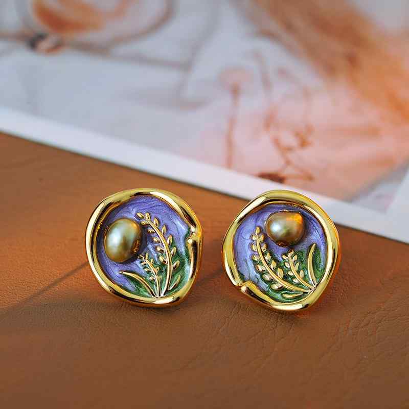 ピアス レディース 新中国風 レトロ 油絵風 麦穂 フラワーモチーフ エナメル 滴油加工 18K金メッキ 銅..