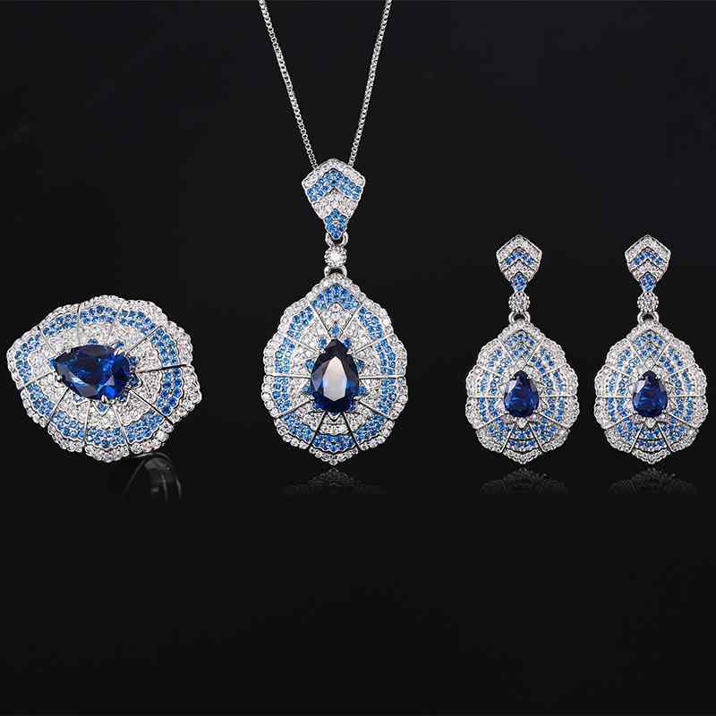 ジュエリーセット レディース 女性用 ブルーサファイア ネックレス ピアス イヤリング 指輪 リング バロック レトロ 欧米風 宮廷風 エレガント ドレスアップ パーティー 結婚式 銅製 人工宝石