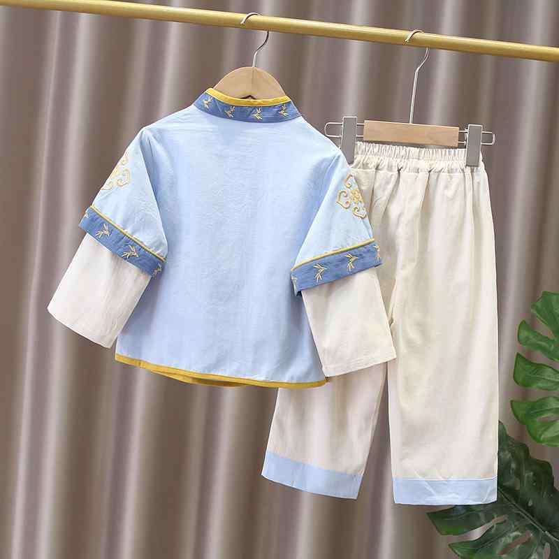 漢服 男児 キッズ 唐装 改良型 レトロ 中国風 中華風 セットアップ 秋冬用 イベント コスプレ 発表会 記念写真に 綿 コットン 子供服 緑 青