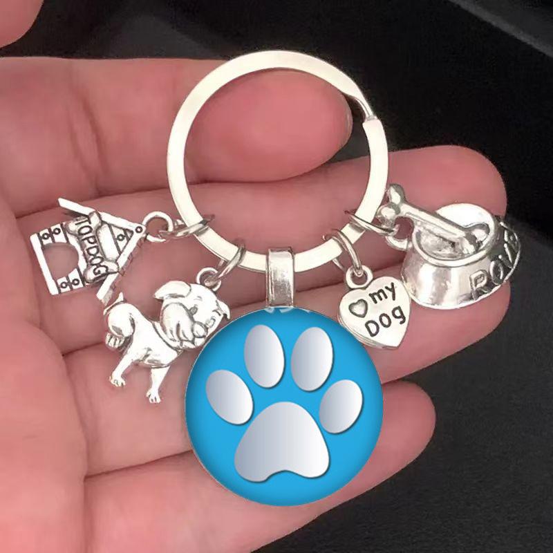 キーホルダー 青色ベース 白い犬の足跡柄 ガラス メタル おしゃれ モダン シンプル キーリング キーチ..