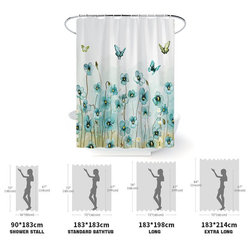 シャワーカーテン 浴室 バスルーム 間仕切り 厚手 防水 デジタルプリント 草 蝶々柄 おしゃれ かわいい モダン シンプル ポリエステル ポンジー 洗濯可能