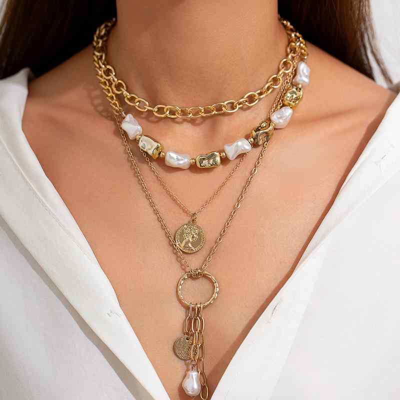 ネックレス レディース 欧米風 多層 存在感 フェイクパール 不規則 鎖骨チェーン ゴールド 合金 円形 幾何学模様 電気メッキ加工 セット 個性的(4)