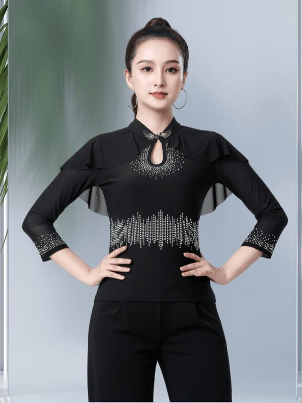 ダンス トップス レディース チャイナボタン ラインストーン装飾 社交ダンス モダンダンス ラテンダンス 発表会 ステージ衣装 練習着 レッスン着 ポリエステル 黒 赤 大きいサイズ ゆったり