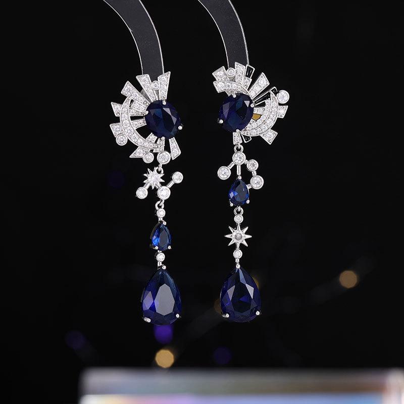 绿松石 - ピアス イヤリング レディース 高級感 欧米風 ジルコニア 月 八芒星 しずく アシンメトリー ロング 銅製 電気メッキ加工 結婚式 ブライダル パーティー フォーマル 披露宴 発表会