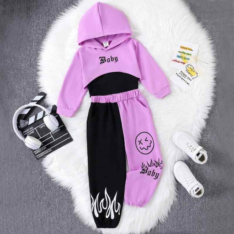 セットアップ 女の子 ガールズ キッズ 子供服 欧米風 トレンド 配色切り替え ロゴ スリーピース 秋冬 キャミソールベスト フード付き長袖ジャケット ロングパンツ