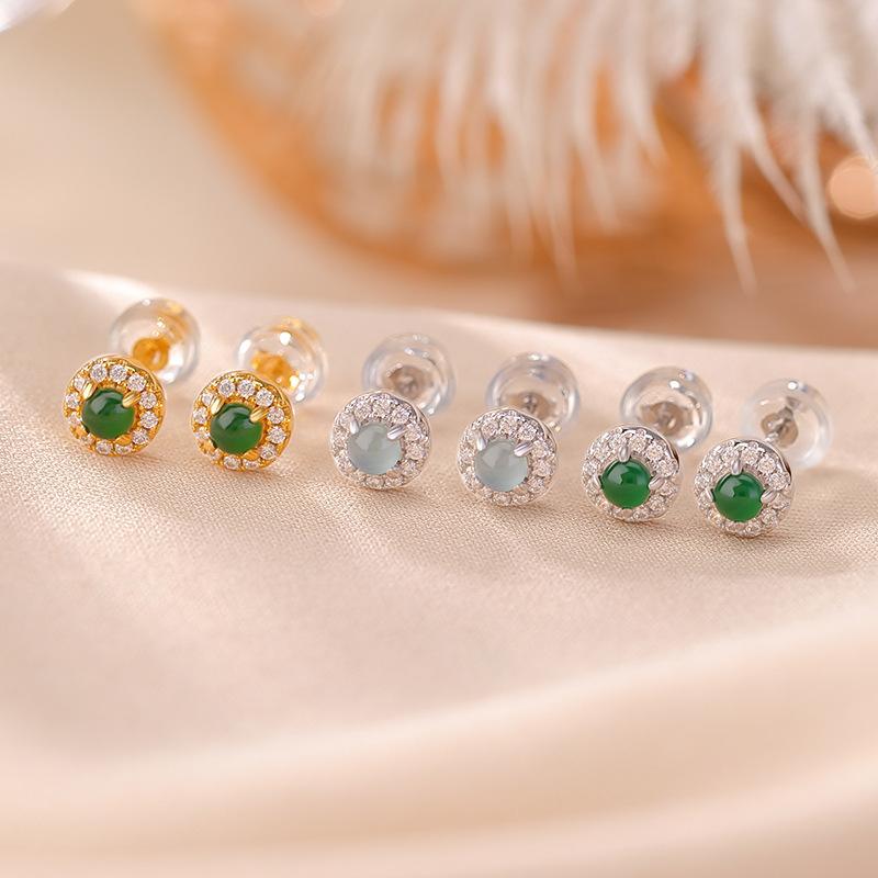 ピアス レディース 女性用 S925純銀 ゴールドメッキ グリーン翡翠 ブルー翡翠 レトロ クラシック 上品 繊細 円珠 ラウンドビーズ スタッドピアス オールシーズン デイリーユース