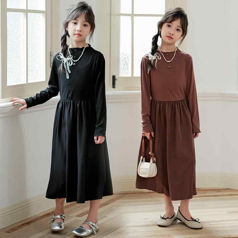 ワンピース 女の子 ジュニア キッズ 子供服 長袖 高伸縮性 ストレッチ メロウフリル ミディ丈 重ね着 インナー プリンセスライン 韓国ファッション 普段着 通学 秋冬 綿 コットン 起毛 無地