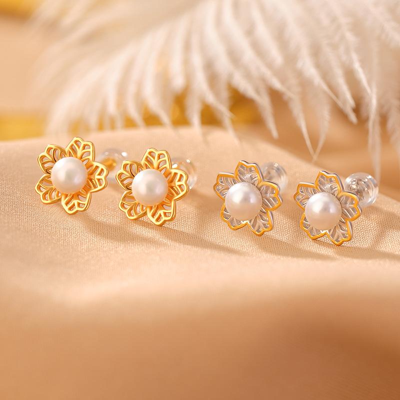 ピアス レディース 女性用 925シルバー 金メッキ 淡水パール レトロ アンティーク 梅の花 透かし彫り ..