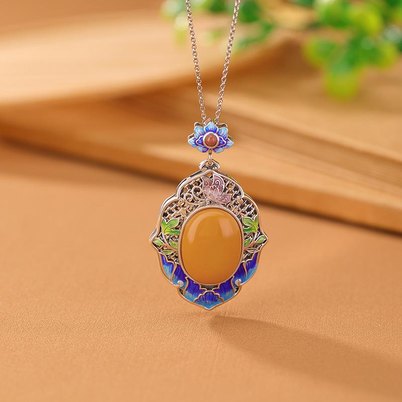 ペンダントトップ 925シルバー 南紅瑪瑙 琥珀 七宝焼 エナメル 透かし彫り カボションカット 蓮 ロータス リーフ フラワーモチーフ レトロ アンティーク オリエンタル(4)