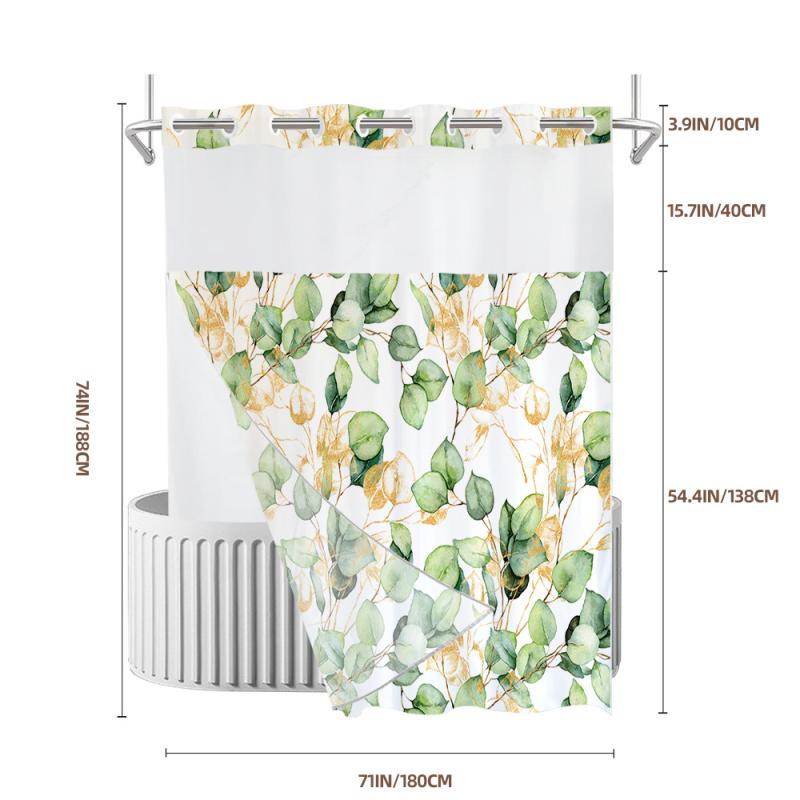 シャワーカーテン ポリエステル製 防水 防カビ 二重構造 取り外し可能 洗濯可能 水彩葉柄 デジタルプリント モダン シンプル 浴室用 おしゃれ フック付