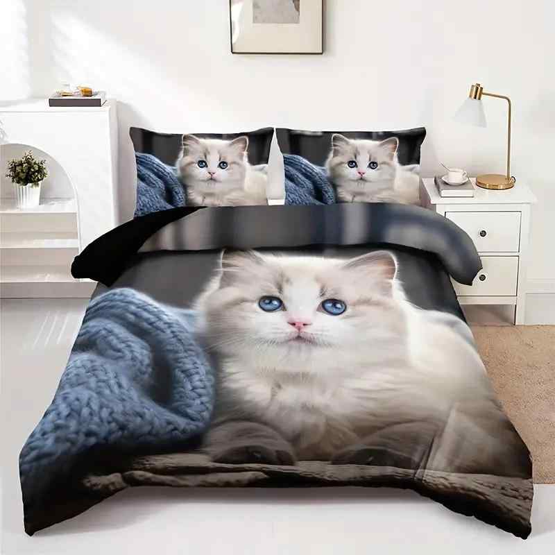 布団カバー レディース 白猫 動物柄 3点セット 高画質プリント 柔らか 肌触り良い 快適 プリンセス風 ..