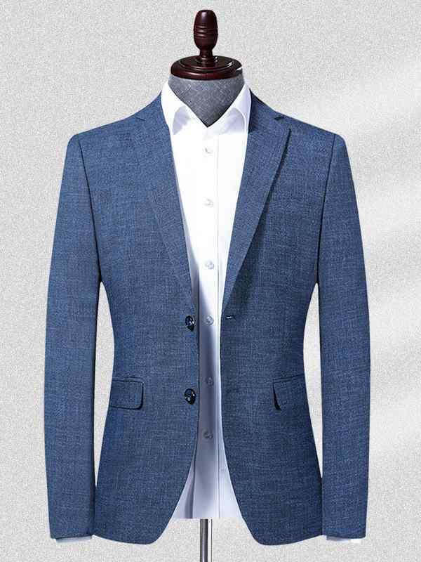 ジャケット メンズ 形態安定 春秋 ビジネス カジュアル 通勤 シングルブレスト 2つボタン スリムフィット テーラード ステッチデザイン 無地 ポリエステル ブルー 長袖 レギュラー丈