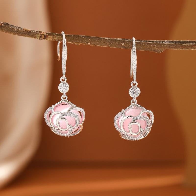 ピアス レディース 上品なデザイン 個性的 シンプル おしゃれ 銅製 電気メッキ加工 ジルコニア 薔薇 キャッツアイ 花モチーフ フック式 ゴールド シルバー グリーン ピンク 大人かわいい フェミニン