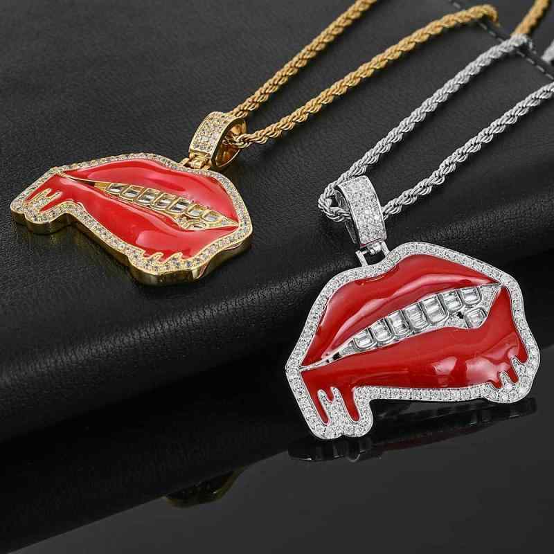 Rhodolite - ネックレス メンズ 欧米 ヒップホップ ストリート ファッション アクセサリー エナメル 赤い唇 リップモチーフ ペンダントトップ 銅製 埋め込みジルコニア 個性的 ユニーク 男性用