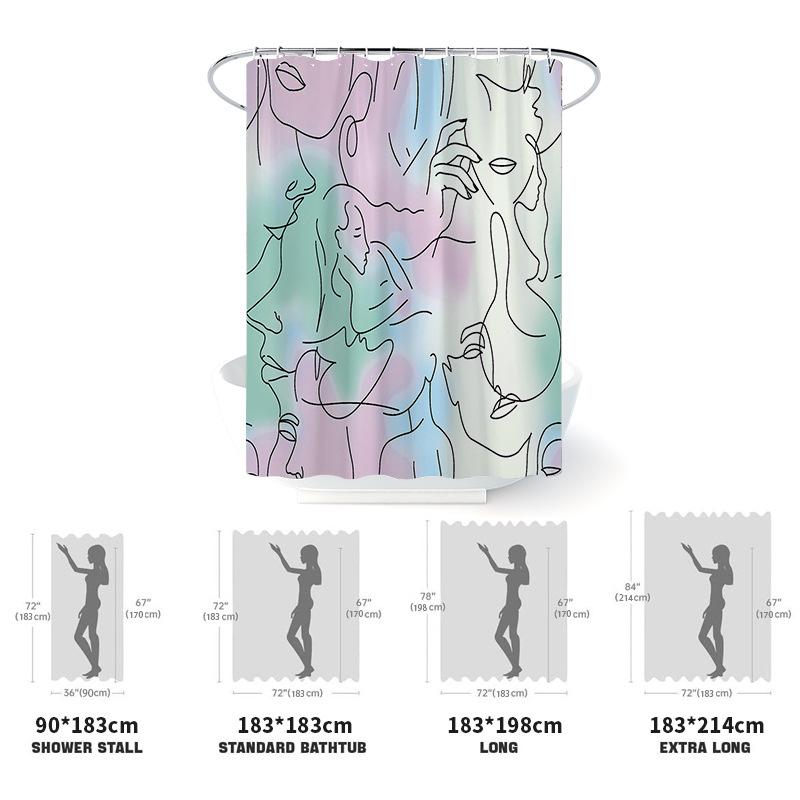 シャワーカーテン 防水 撥水加工 モダン おしゃれ 抽象 線画イラスト フェイス デジタルプリント インスタ風 バスルーム 浴室 目隠し ポリエステル生地 軽量