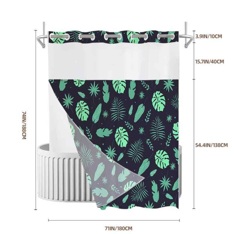 シャワーカーテン 防水 二重 ポリエステル製 デジタルプリント リーフ柄 モダン シンプル バスルーム 浴室 間仕切り 目隠し 大型リング 清潔感 おしゃれ