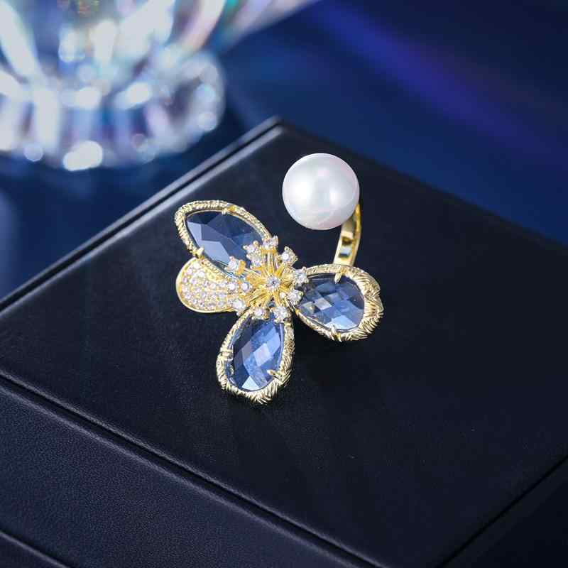 指輪 レディース 女性用 オープンリング フリーサイズ 高級感 クリスタル ジルコニア パール フラワー ..