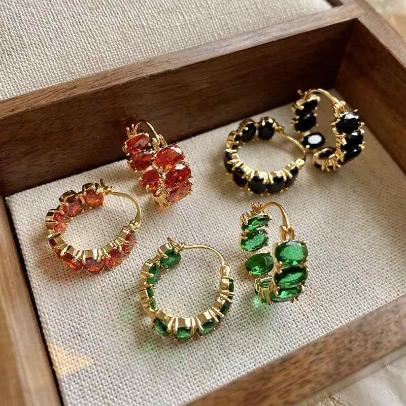 ピアス レディース イヤリング 韓国ファッション ジルコニア 幾何学デザイン リング フープ 高級感 銅製 真金電気メッキ加工 個性的 レトロ ヴィンテージ 万能 春夏 ブラック レッド グリーン デイリーユース 耳飾り(4)