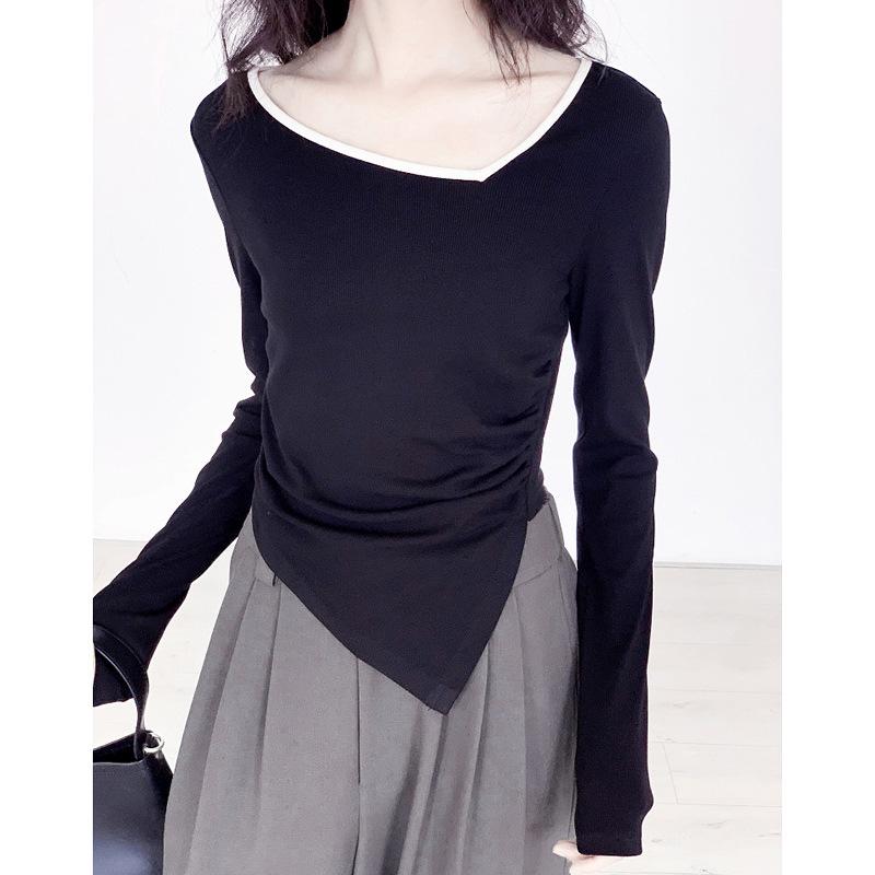 ダンスウェア レディース 大人用 アシンメトリー 指穴付き 長袖トップス ストレッチ モダンバレエ 民族舞踊 古典舞踊 練習着 レッスン着 体型カバー オールシーズン