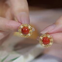 925シルバー 宝石装飾 葉モチーフ ゴールドカラー ピアス イヤリング レディース 中国風 宮廷花 南紅瑪瑙 レトロ アンティーク 個性的