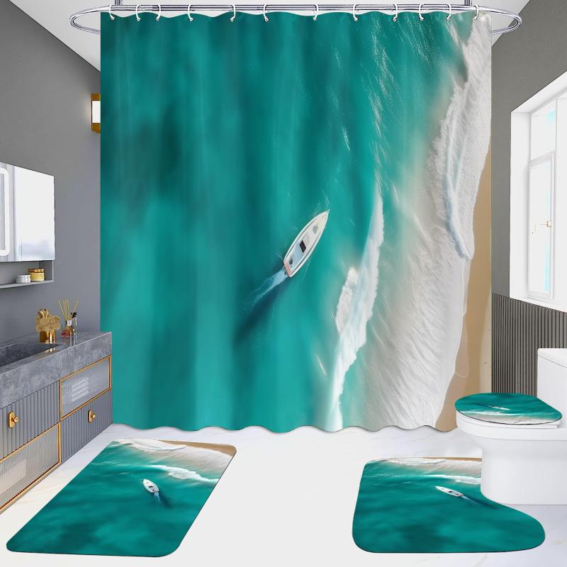 シャワーカーテン トイレタリー3点セット マリン ヨット柄 防水 撥水加工 穴開け不要 突っ張り棒式 バ..