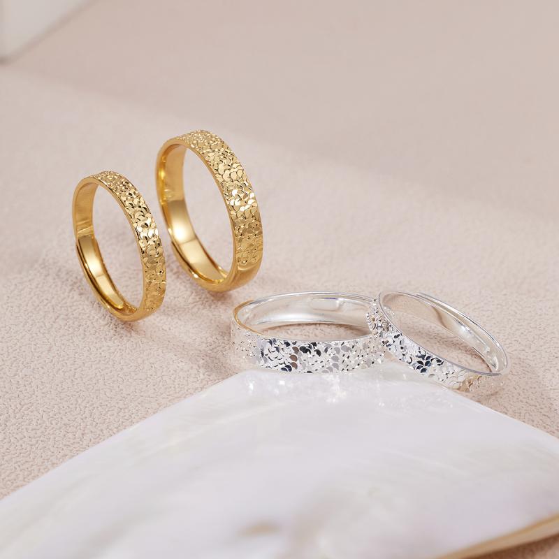 指輪 S999純銀製 男女兼用 ペアリング 輝く砕氷風 槌目デザイン フリーサイズ おしゃれ シンプル カジュアル デイリー 高級感 ゴールド シルバー