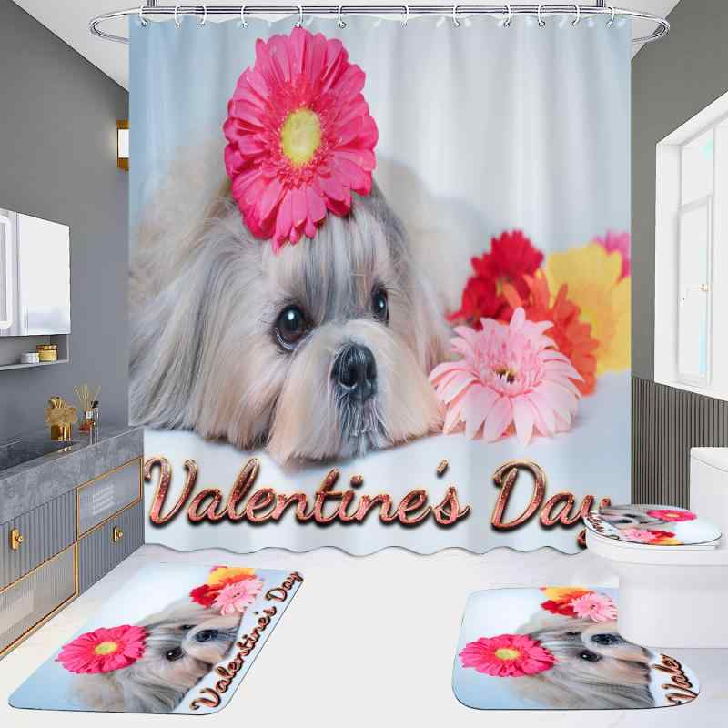 シャワーカーテン 4点セット 防水 突っ張り棒対応 高画質 デジタルプリント 浴室 バスルーム 子犬と花柄 フロアマット U型マット トイレ蓋カバー ポリエステル アメリカン