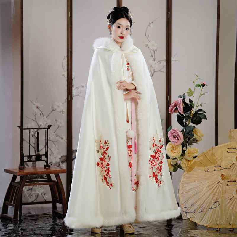 ケープ レディース 裏ボア 厚手 防寒 暖かい 漢服風 中国風 牡丹白 ホワイト ロング丈 ショール マント..