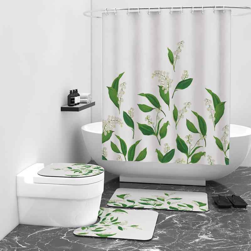 シャワーカーテン 防水 目隠し 間仕切り 爽やか ボタニカル柄 デジタルプリント ポリエステル生地 モダン シンプル おしゃれ バスルーム4点セット