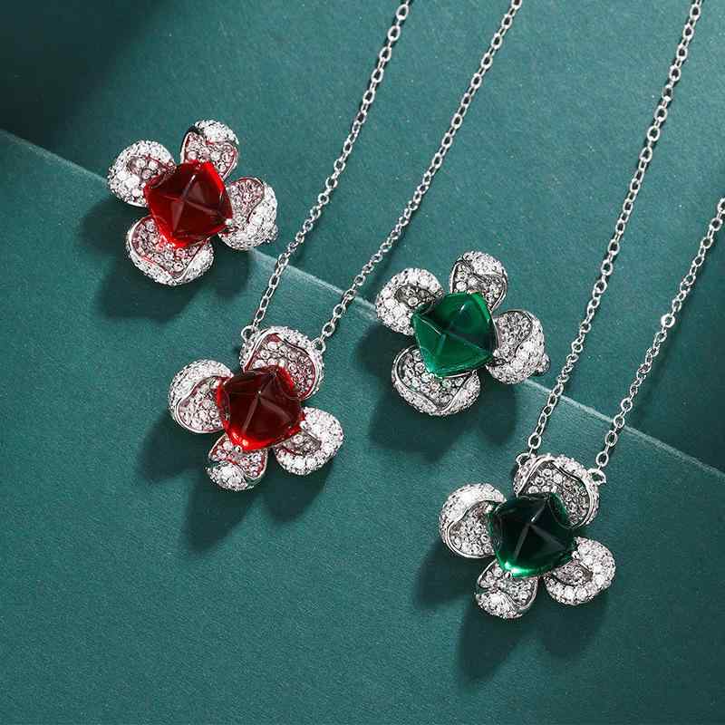 ジュエリー セット レディース 女性用 ルビー エメラルド クリスタル ジルコニア ネックレス 指輪 上品 軽やか ラグジュアリー 花モチーフ プリンセススタイル オフィス 通勤 フォーマル
