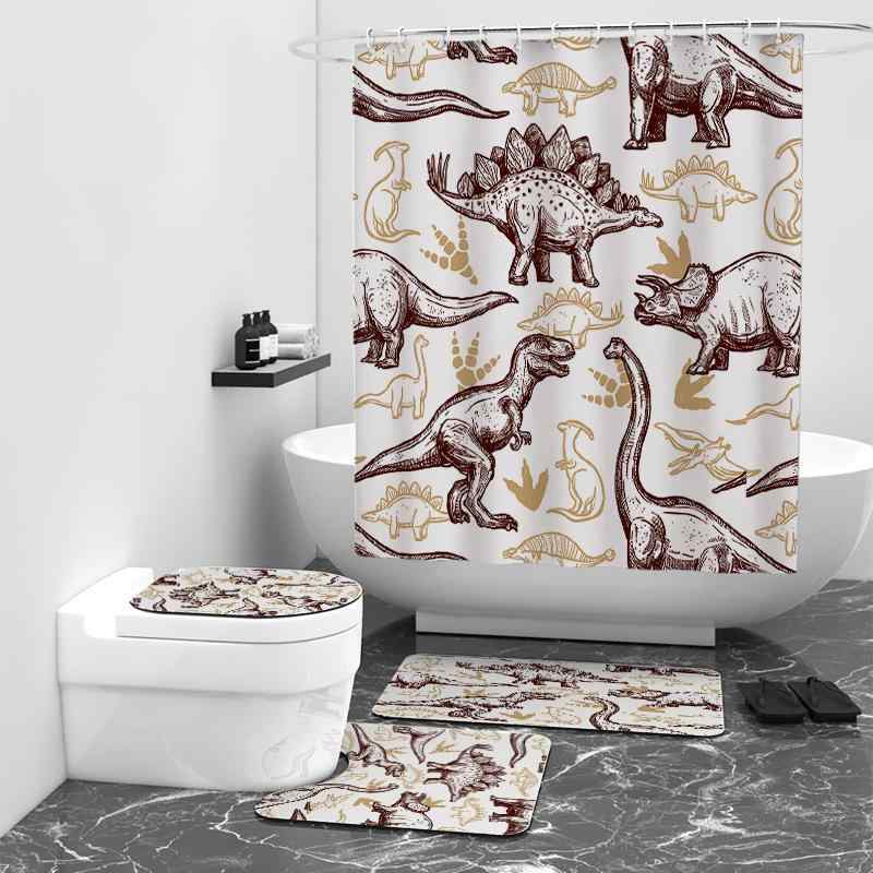 シャワーカーテン 防水加工 デジタルプリント カートゥーン 恐竜 4点セット 浴室 バスルーム お風呂 間..