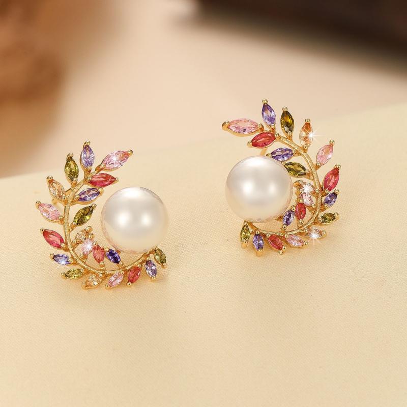 イヤリング レディース 春夏 稲穂 オリーブ リーフモチーフ カラージルコニア パール 電気メッキ加工 ..