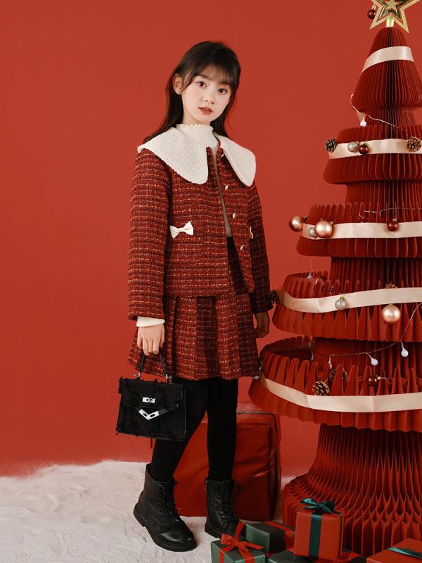 セットアップ ジュニア 女の子 ガールズ 薄手 柔らかい 肌触り良い アクリル素材 秋冬 クリスマス 新年 お出かけ かわいい カーディガン スカート 丸襟 2点セット 上下セット