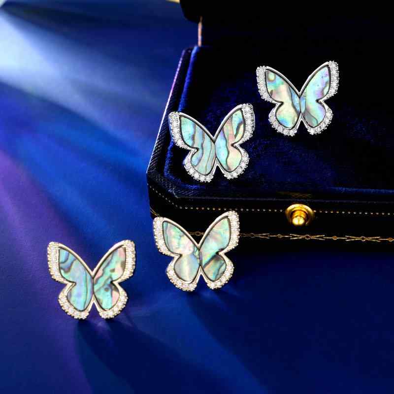 ピアス レディース S925シルバーポスト 天然アワビ貝 蝶々モチーフ 高級感 レトロ アンティーク 光沢感 個性的 シルバー ゴールド 女性用アクセサリー