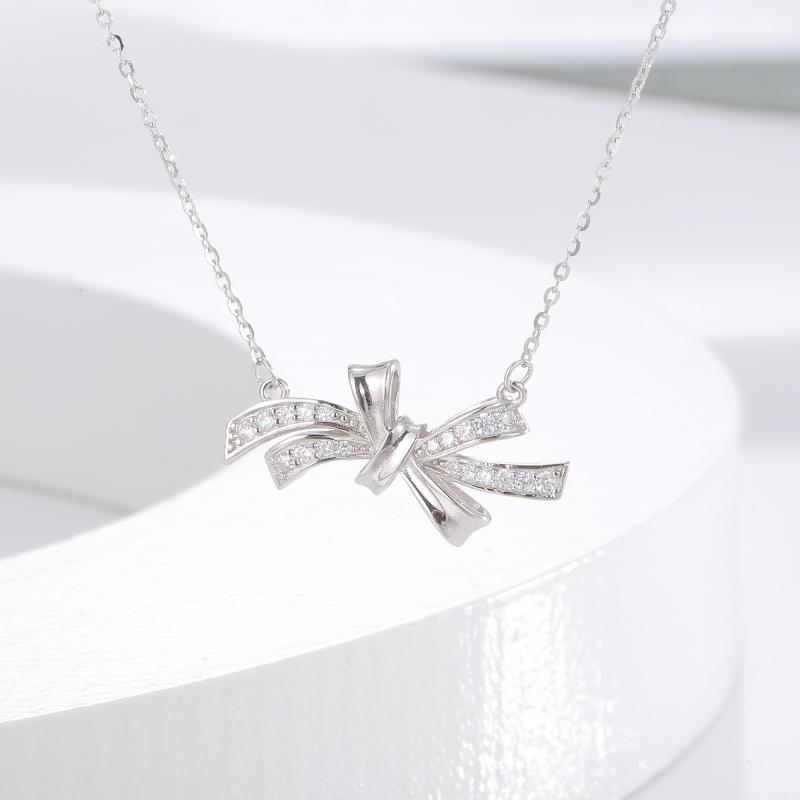 Aquamarine - ネックレス レディース 女性用 上品 エレガント 高級感 シンプル 個性的 925シルバー ジルコニア 蝶々結び リボン 鎖骨 O字チェーン ファッション 通勤 41cm 50cm