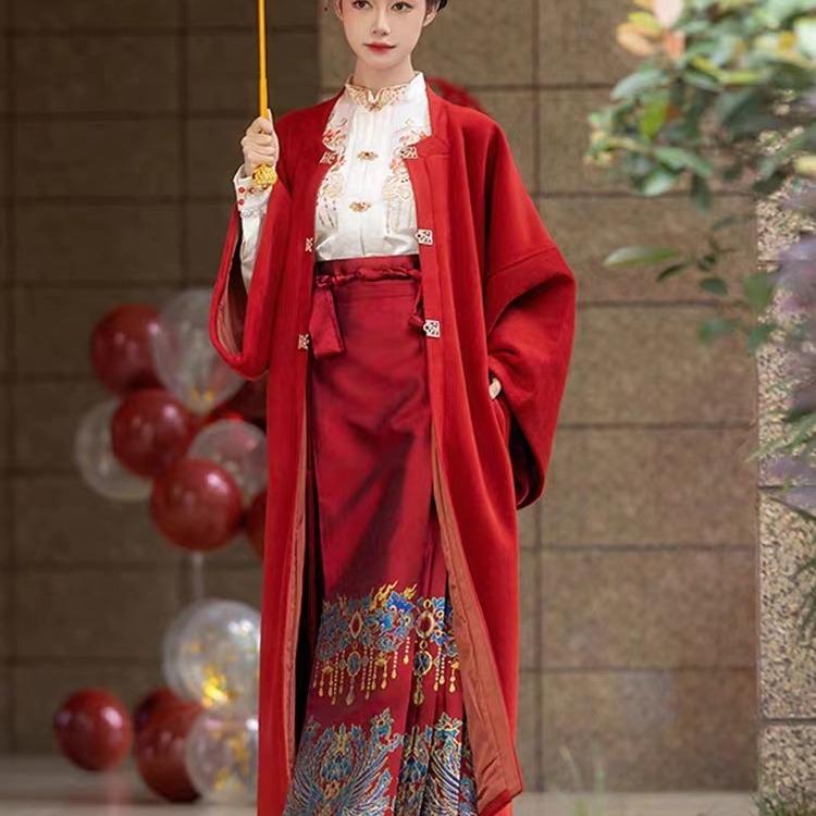 漢服 レディース 秋冬 明朝スタイル 新中華風 馬面スカート 立ち襟 ブラウス 厚手 ウールコート 通勤 エスニック 刺繡 ポリエステル素材
