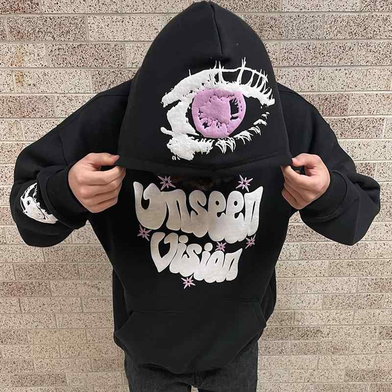 スウェット レディース 女性用 秋冬 欧米スタイル ストリートカジュアル 英字ロゴ アイモチーフ 発泡プリント ゆったり ルーズフィット オーバーサイズ 着回し フード付き プルオーバーパーカー ポリエステル ブラック 長袖 レギュラー丈
