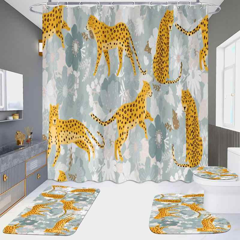 シャワーカーテン 防水 撥水 穴あけ不要 高精細デジタルプリント ヒョウ柄 4点セット フロアマット U字型マット トイレ蓋カバー 浴室 バスルーム ホテル仕様 ポリエステル製 180x180cm