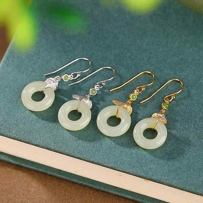 ピアス レディース 女性用 S925 純銀 金メッキ 和田玉 碧玉 天然石 銀杏の葉 平安モチーフ レトロ アン..