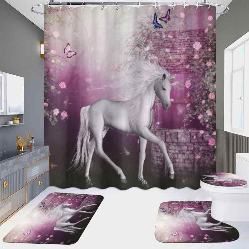 シャワーカーテン 防水加工 穴あけ不要 突っ張り棒対応 浴室用 ホテル仕様 間仕切り ユニコーン柄 高精細プリント おしゃれ 4点セット ポリエステル製 バスルーム ユニットバス アメリカンスタイル