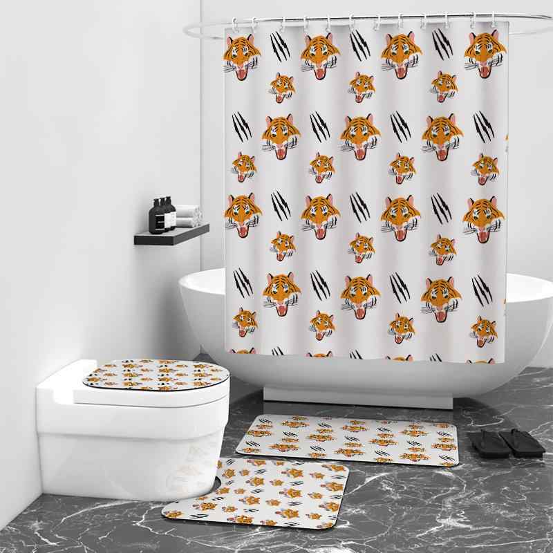 シャワーカーテン 防水 デジタルプリント かわいい カートゥーン タイガー柄 アニマル柄 4点セット バ..