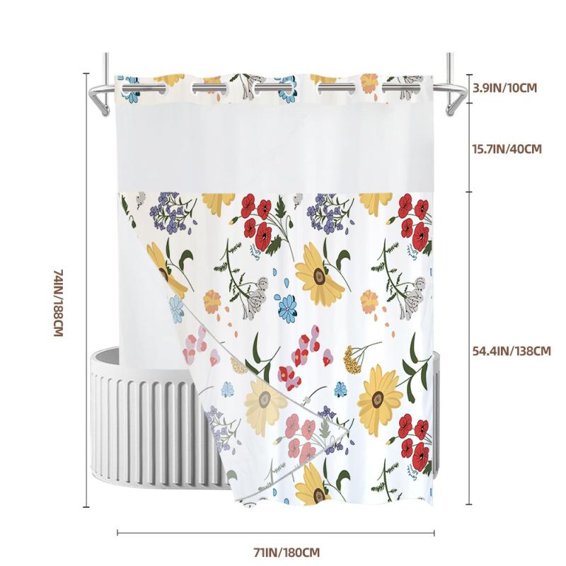 シャワーカーテン 防水 防カビ 二重構造 デジタルプリント ハトメ付き 高機能 ポリエステル製 モダン ボタニカル 花柄 おしゃれ ホテル仕様 バスルーム用