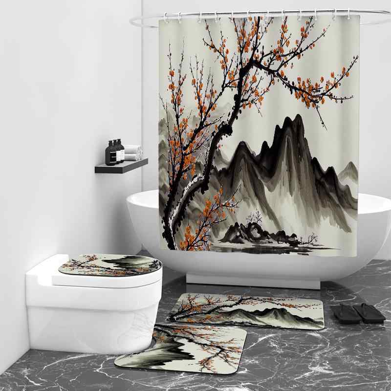 シャワーカーテン 防水 デジタルプリント 水墨画 梅柄 モダン シンプル ポンジー生地 4点セット 滑り止..