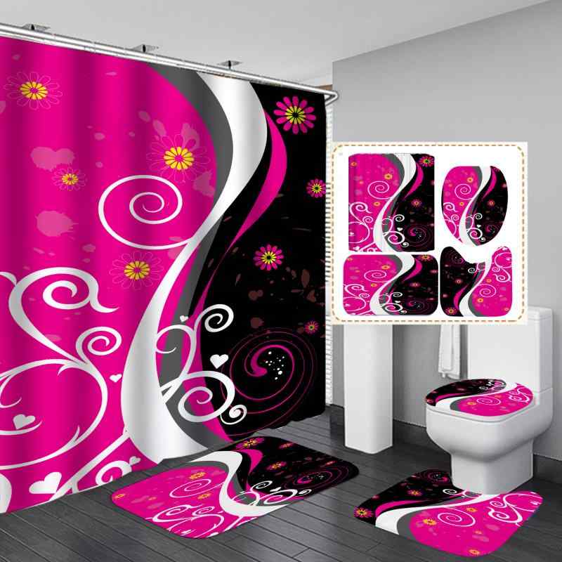 シャワーカーテン 防水 穴あけ不要 突っ張り棒式 デジタルプリント 高画質 4点セット ポリエステル製 モダン シンプル 抽象柄 ホテル バスルーム 間仕切り パーテーション 賃貸対応